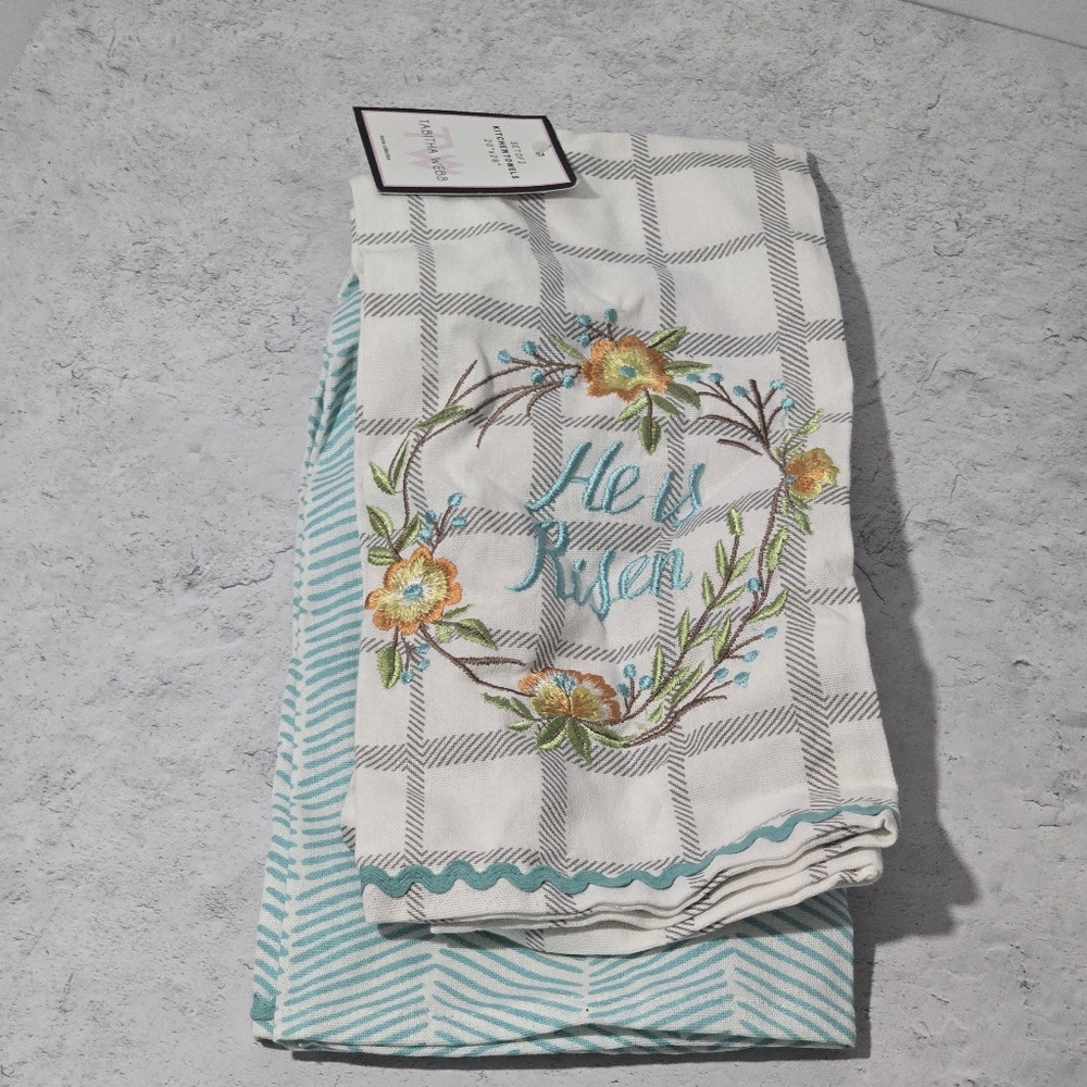 NWT TABITHA WEBB He is Risen Christ Easter Embroidered Kitchen Towel Set of 2